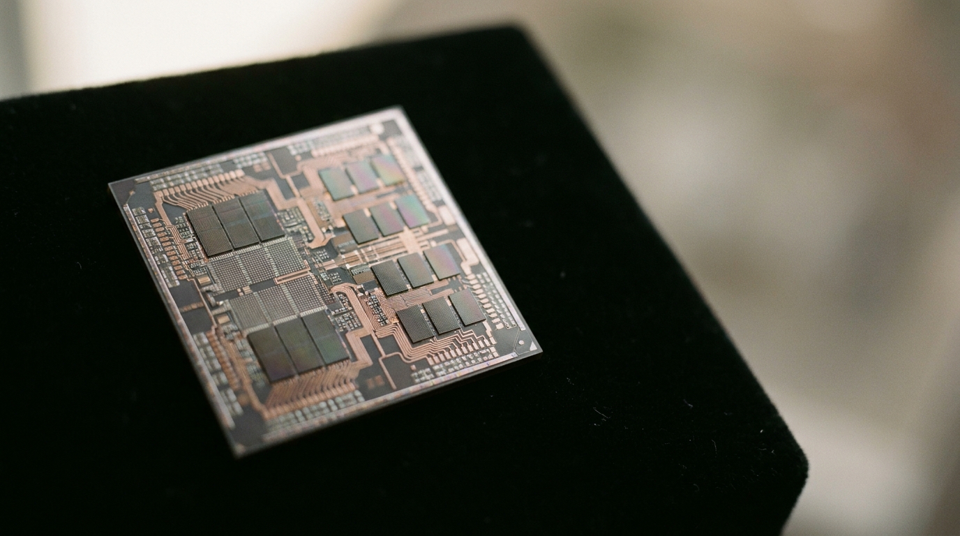 Close-up of an NVIDIA silicon die on matte black velvet