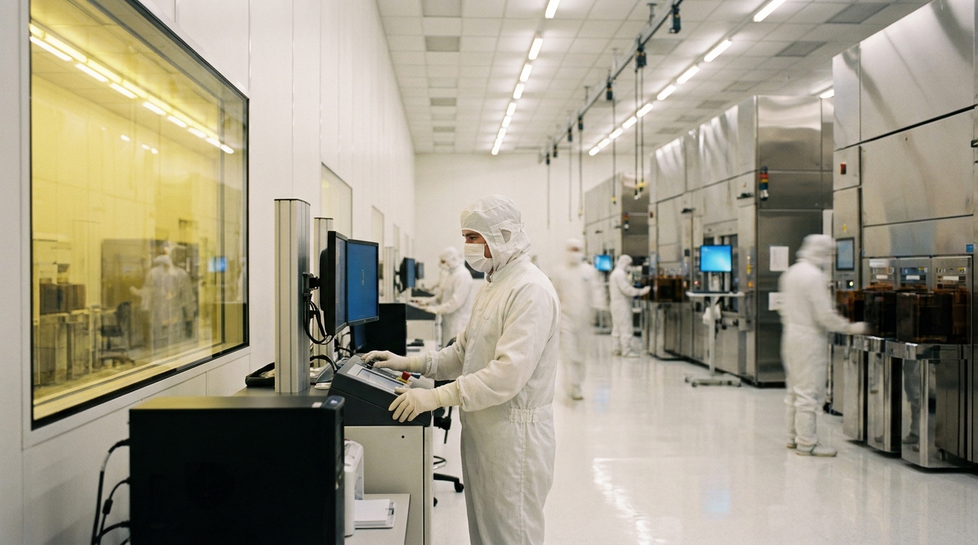 Engineers in bunny suits inside an Intel semiconductor cleanroom