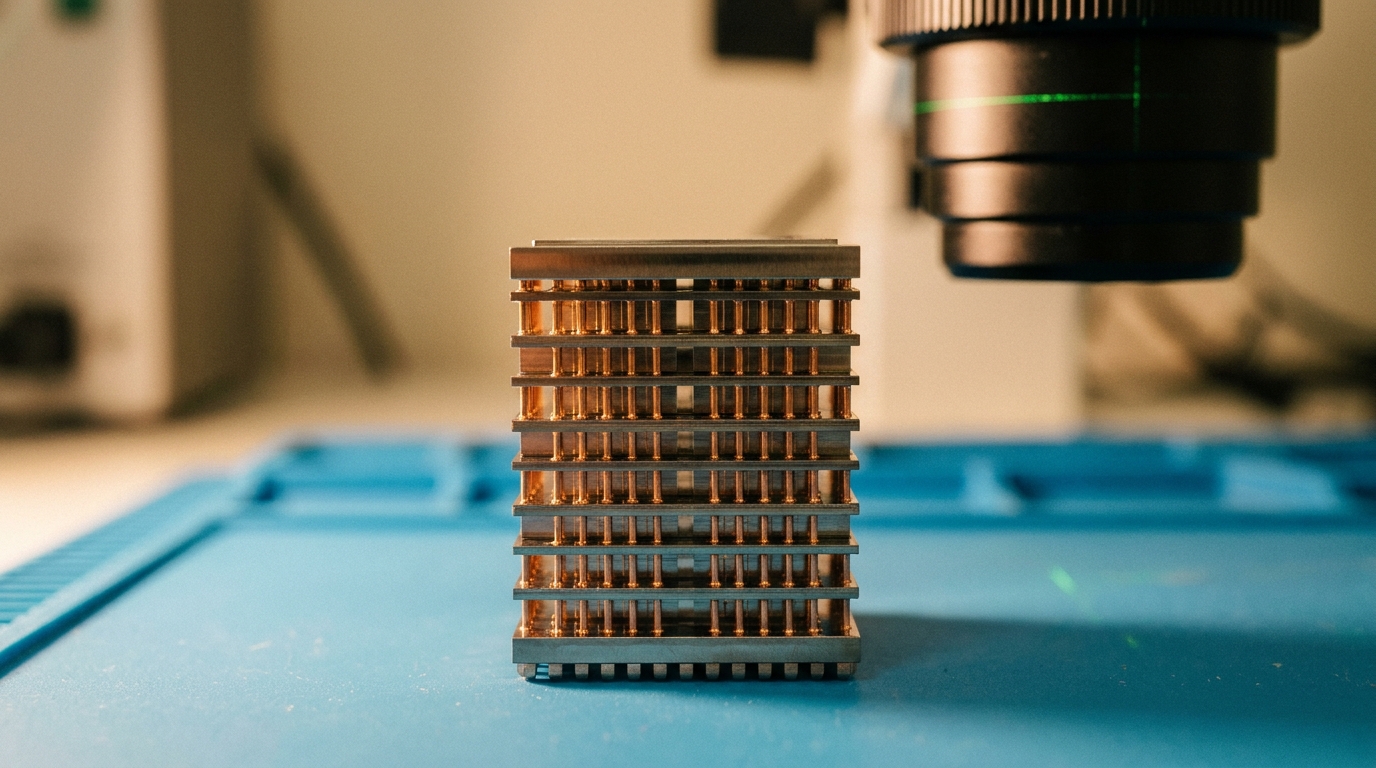 A stacked HBM memory package beneath a metrology microscope