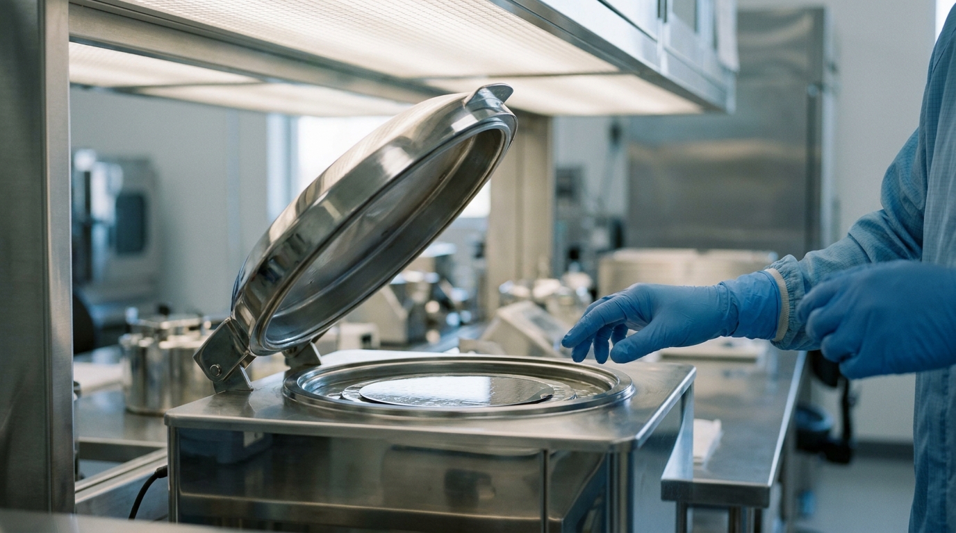 A single-wafer wet processing tool inside a cleanroom