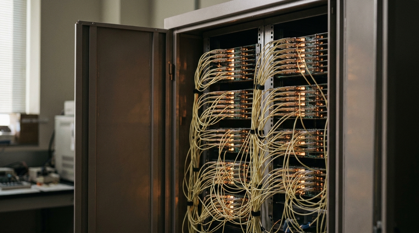 A semiconductor burn-in test rack with amber glow and fiber optic pigtails