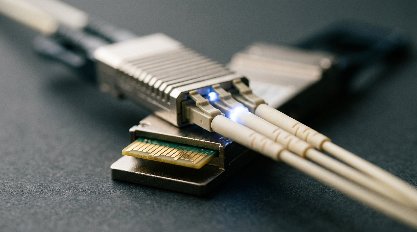 Macro photograph of an 800G optical transceiver module with glowing fiber tips