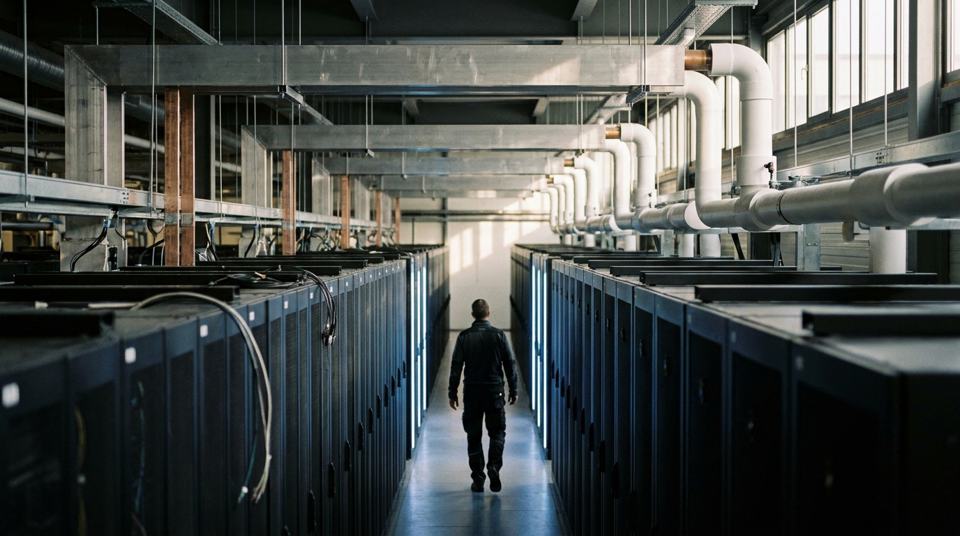 A wide view down a data center aisle with liquid cooling manifolds overhead