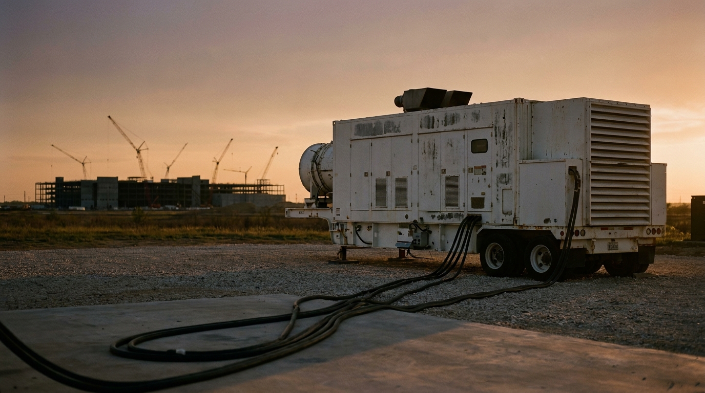 A mobile natural gas turbine generator on a gravel pad with a data center under construction in the distance